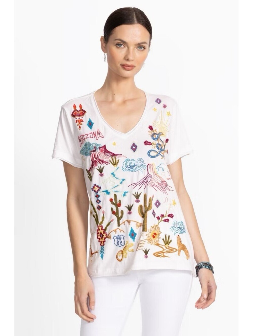 Johnny Was Arizona Embroidered Everyday Tee XL White Cotton Colorful Bohemian